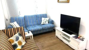 a living room with a blue couch and a flat screen tv at Appartamento ROMANA in Lugo