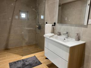 a bathroom with a white sink and a shower at Gite du haras in Erbrée +29 photos