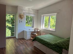 a bedroom with a bed and a desk and two windows at LH Rooms in Absam