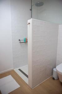 a bathroom with a shower with white tiles at B&B Le Maitre in Renkum +4 photos