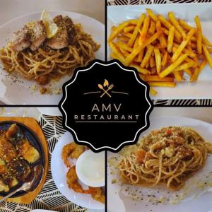 a group of four pictures of food and french fries at AMV Hotel, Events Place & Restaurant in Mamburao