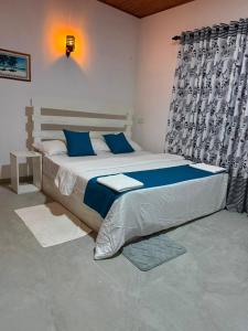 a bedroom with a large bed with blue pillows at Green Villa Midigama in Midigama East +10 photos