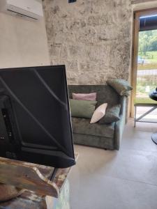 a flat screen tv in a living room with a couch at VODIČARJEVA HiŠiCA in Grgar