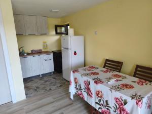 a kitchen with a table and a white refrigerator at Iza sedam gora in Rakovac