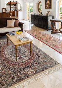 a living room with a coffee table and a rug at Villa Samia in Staoueli
