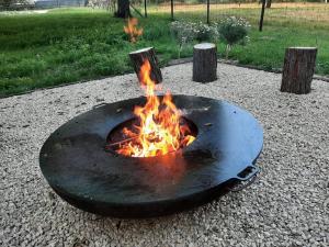 a fire pit with flames in a park at Hof van Sassenbroek in Borgloon