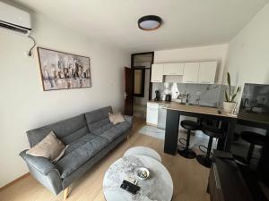 a living room with a gray couch and a kitchen at Bar holiday apartment Kastro in Bar