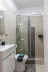 a bathroom with a shower and a toilet and a sink at Paraspori in Adamantas