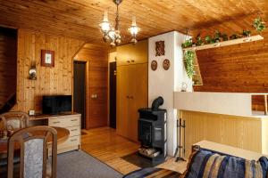a living room with a stove in a room at Chatka Jitka kytka in Jedovnice