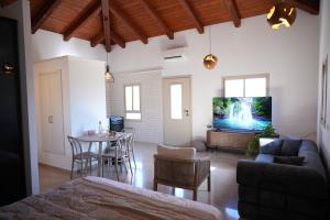 a living room with a table and a tv at Pinat HaNahal in HaGoshrim