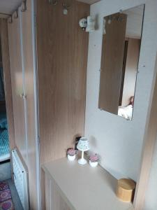 a bathroom with a vanity with a mirror and a lamp at Pod Wierzba in Dobrzyki