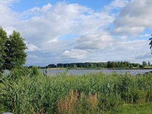 a large body of water with trees and a cloudy sky at Pod Wierzba in Dobrzyki