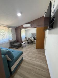 a living room with a couch and a tv in it at Apartman Sambi 3 in Čanj +2 photos