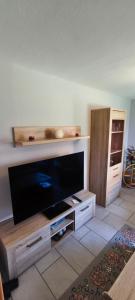 a living room with a large flat screen tv at Ferienhaus Margarete in Dankerode