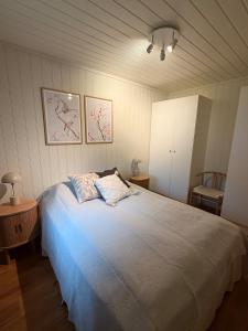 a bedroom with a large bed with blue sheets at Gateway to Jotunheimen 4 Guests in Øvre Årdal