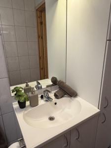 a white bathroom sink with a large mirror at Gateway to Jotunheimen 4 Guests in Øvre Årdal +18 photos