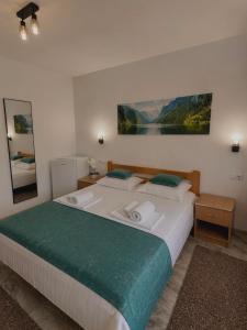 a bedroom with a large bed with a bath tub at Denisa & Rares in Tăşnad