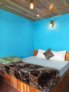a bed in a room with a blue wall at Pulga Inn in Kalgha