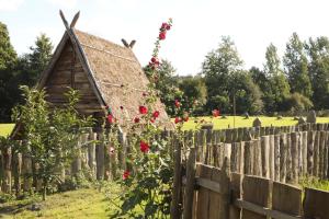 an old barn behind a fence with red roses at les portes de l'histoire in Pleine-Fougères