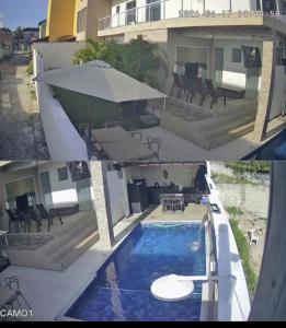 two pictures of a house with a pool and an umbrella at Casa com piscima e área goutmet in Camaçari