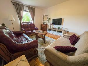 a living room with two couches and a tv at Kuća za odmor Lipa Dora near Plitvice in Donji Babin Potok