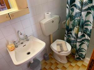 a bathroom with a sink and a toilet and a shower curtain at Studios Julia in Petra +23 photos
