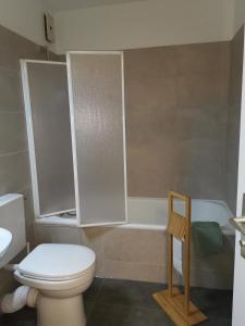 a bathroom with a toilet and a bath tub at Monteurwohnung Hoffmann in Heilbronn