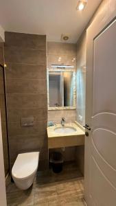 a bathroom with a toilet and a sink and a mirror at National Lux in Ureki