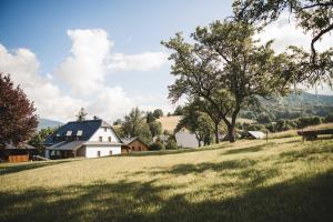 a white house on a grassy hill with a bench at Sudetský grunt Autentická jesenická chalupa in Loučná nad Desnou