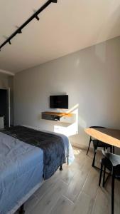 a bedroom with a bed and a tv on a wall at Studio no Centro com VISTA PARA O CRISTO in Poços de Caldas