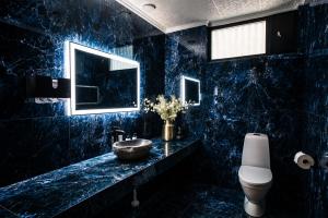 une salle de bains en marbre bleu avec lavabo et toilettes dans l'établissement Hotel Boreas, à Rovaniemi