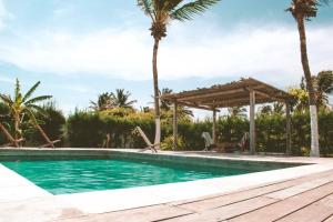 a swimming pool with a pergola and palm trees at Pousada Villa Jodie in Fortim
