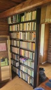 a room with several shelves filled with books at Šimtametis namelis in Anykščiai