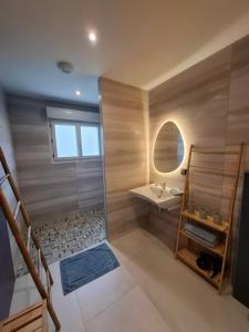 a bathroom with a shower with a sink and a mirror at Suite Romantique in Saint-Romans +7 photos