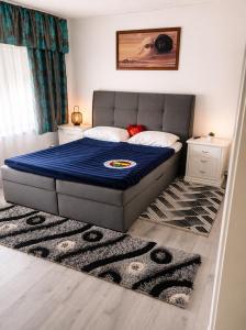 a bedroom with a bed with a blue comforter at Best view house in Orşova