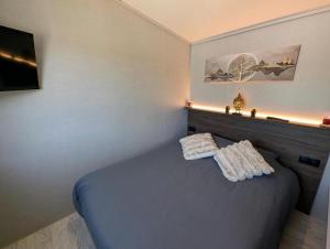 a bedroom with a bed with two pillows on it at Tiny house climatisé et jacuzzi privatif in Saint-Loup-Nantouard