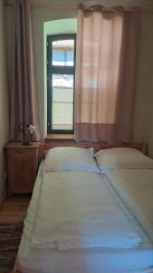 two beds in a room with a window at Oben im Selketal Parterre in Harzgerode