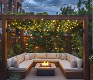 a patio with a couch and a fire pit with lights at The corbett story in Rāmnagar