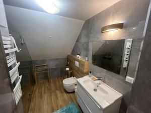 a bathroom with a white sink and a toilet at Kobakówka in Krynica Zdrój +27 photos