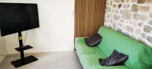 a green couch in a room with a tv at La ferme du lac Saint Front in Saint-Front