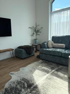 a living room with a couch and a tv at Chameleon House in Dornoch