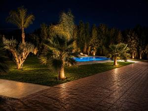 a courtyard with palm trees and a swimming pool at night at Villa with pool, ping pong table, trampoline in Mellah Bakka