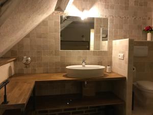 een badkamer met een wastafel en een spiegel bij L'envie d'ailleurs in Honfleur