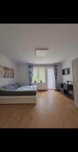 ein großes Zimmer mit einem Bett und einem Fenster in der Unterkunft Czarwoli in Wola Bokrzycka