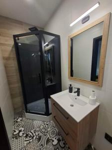 ein Badezimmer mit Dusche, Waschbecken und Spiegel in der Unterkunft Czarwoli in Wola Bokrzycka + 8 Fotos