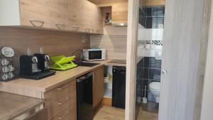 a small kitchen with a sink and a microwave at Studio au cœur de Cerdagne in Bourg-Madame