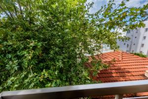 a tree on top of a red roof at Central Family Flat Volos in Volos