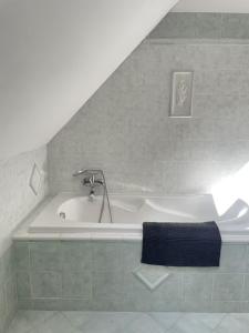 a bathroom with a bath tub with a blue towel at Prázdninový dům Litomyšl 79 in Litomyšl +43 photos