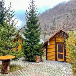 a cabin with a pine tree in front of it at Vila Gryka in Peje