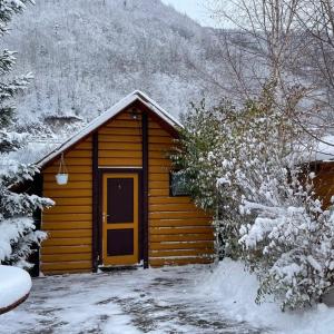 a wooden cabin with a door in the snow at Vila Gryka in Peje